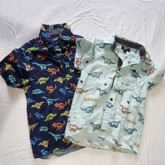 Eighty Eight Set of 2 Boys Dinosaur Print Collared Dress Shirt Blue Teel 5/6 - Picture 1 of 5
